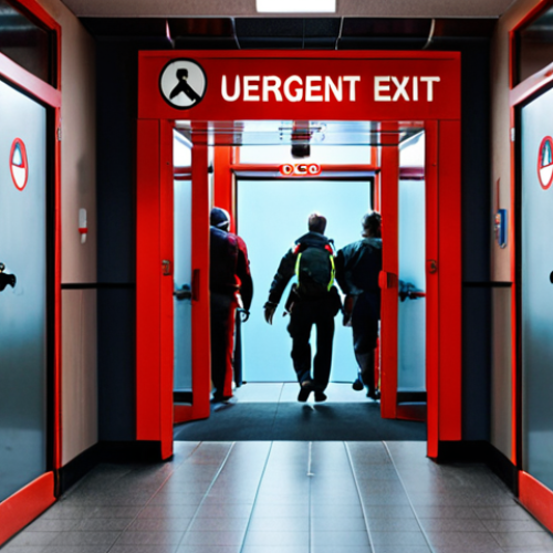 Home 13 **Image Prompt 1: The Urgent Evacuation**
"A scene of urgent but orderly evacuation from a modern building. People, including men and women of various ages, are moving purposefully towards a brightly lit emergency exit. There's a subtle hint of smoke or emergency lights in the background, signifying danger, but the focus is on a clear, well-marked path, emphasizing the importance of personal safety and preparedness in a critical moment. The mood is one of focused determination rather than panic."