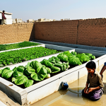 **Prompt:** A Pakistani family harvesting rainwater from their rooftop into a large storage tank. The water is then used to water a vibrant vegetable garden. The scene is bright and sunny, emphasizing sustainability and self-sufficiency. Urdu script subtly incorporated into the background, perhaps on a sign or building.