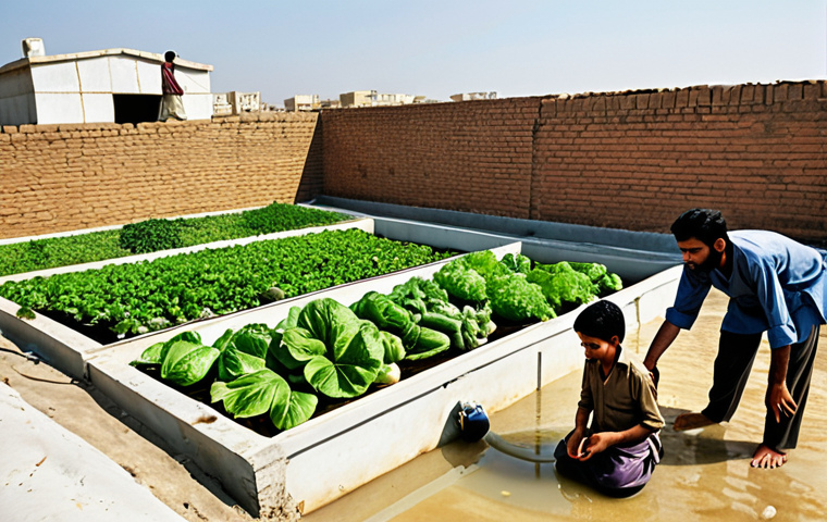 **Prompt:** A Pakistani family harvesting rainwater from their rooftop into a large storage tank. The water is then used to water a vibrant vegetable garden. The scene is bright and sunny, emphasizing sustainability and self-sufficiency. Urdu script subtly incorporated into the background, perhaps on a sign or building.