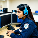 A professional Pakistani emergency call operator, female, wearing a modest, dark blue uniform, seated calmly at a modern, well-lit desk in a bustling emergency response center. She is focused, wearing a headset, and speaking into a microphone, with a computer screen displaying an emergency call interface in front of her. The background shows other operators working diligently, reflecting a sense of organized efficiency and the importance of clear communication for emergency services like