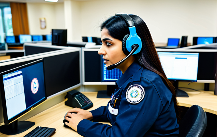 A professional Pakistani emergency call operator, female, wearing a modest, dark blue uniform, seated calmly at a modern, well-lit desk in a bustling emergency response center. She is focused, wearing a headset, and speaking into a microphone, with a computer screen displaying an emergency call interface in front of her. The background shows other operators working diligently, reflecting a sense of organized efficiency and the importance of clear communication for emergency services like