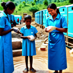 **

A family-friendly scene of people washing their hands with soap and water in a disaster relief camp.  Include images of safe water containers and health workers giving instructions. Fully clothed individuals, modest attire, clean environment.  Safe for work, appropriate content, perfect anatomy, natural proportions, professional illustration.

**