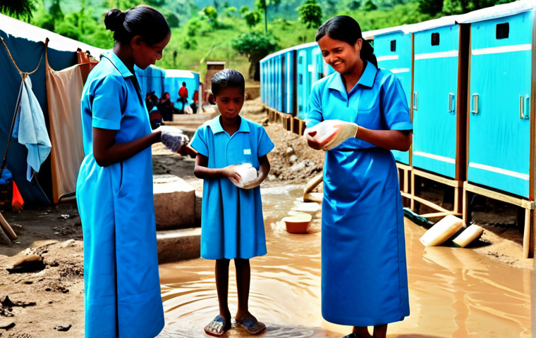 **
A family-friendly scene of people washing their hands with soap and water in a disaster relief camp. Include images of safe water containers and health workers giving instructions. Fully clothed individuals, modest attire, clean environment. Safe for work, appropriate content, perfect anatomy, natural proportions, professional illustration.
**