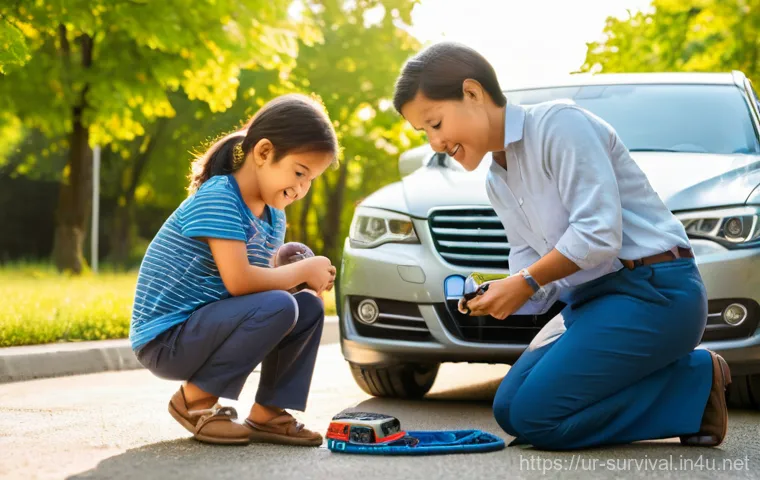 차량 내 생존용품 - Image Prompt 1: Pre-Trip Car Inspection with Family**