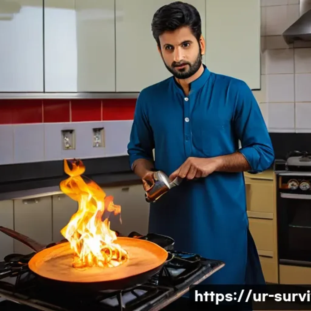 화재 발생 시 대처법 - **Prompt:** A Pakistani family in a modern, well-maintained kitchen during a small cooking oil fire ...