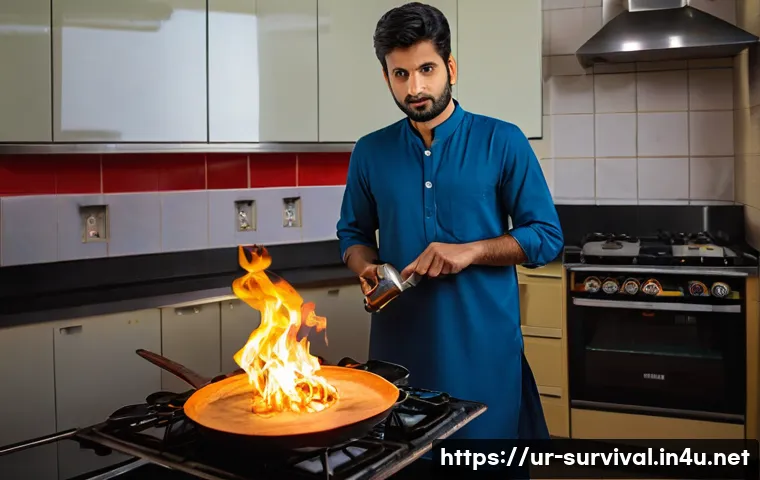 화재 발생 시 대처법 - **Prompt:** A Pakistani family in a modern, well-maintained kitchen during a small cooking oil fire ...