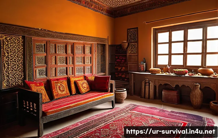 겨울철 추위 대비 생존법 - A cozy living room scene in a traditional Pakistani home during winter, featuring thick foam insulat...