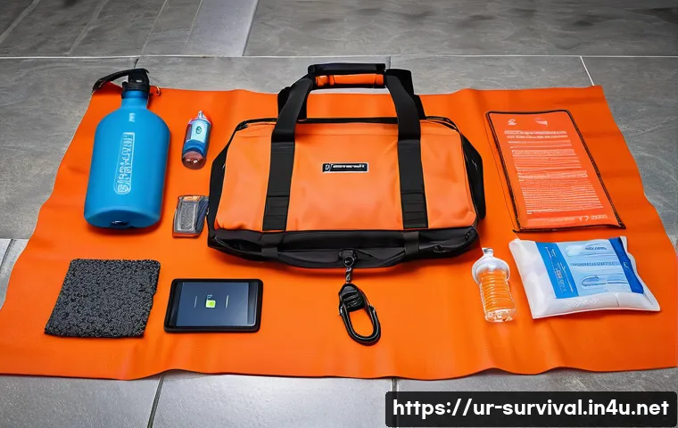홍수 대비 생존 장비 - A detailed scene showing an emergency flood preparedness kit laid out on a traditional Pakistani flo...