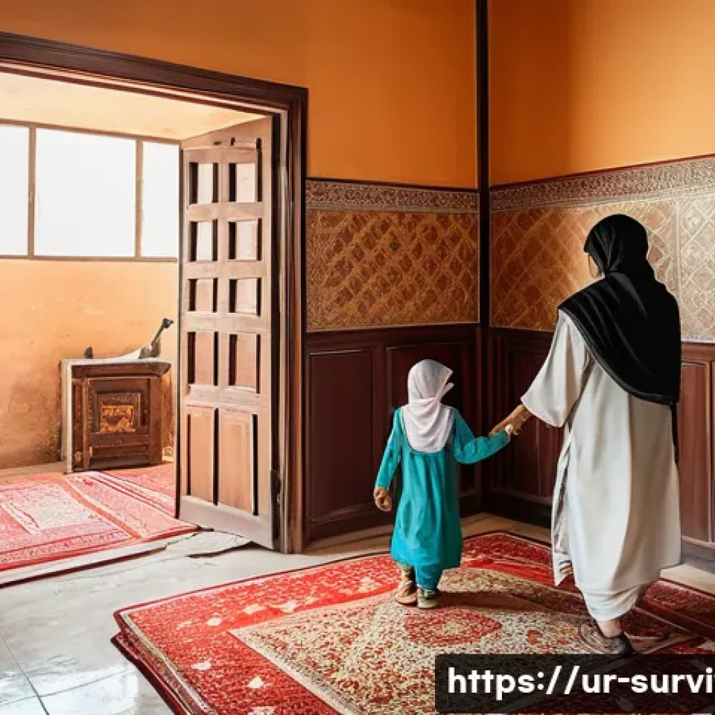 불시의 화재 대처법 - A detailed indoor scene of a traditional Pakistani home with a family practicing a fire emergency ex...
