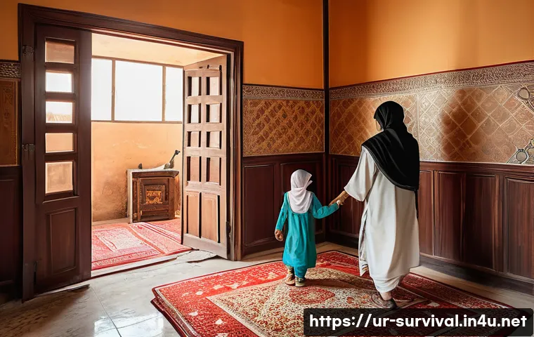 불시의 화재 대처법 - A detailed indoor scene of a traditional Pakistani home with a family practicing a fire emergency ex...