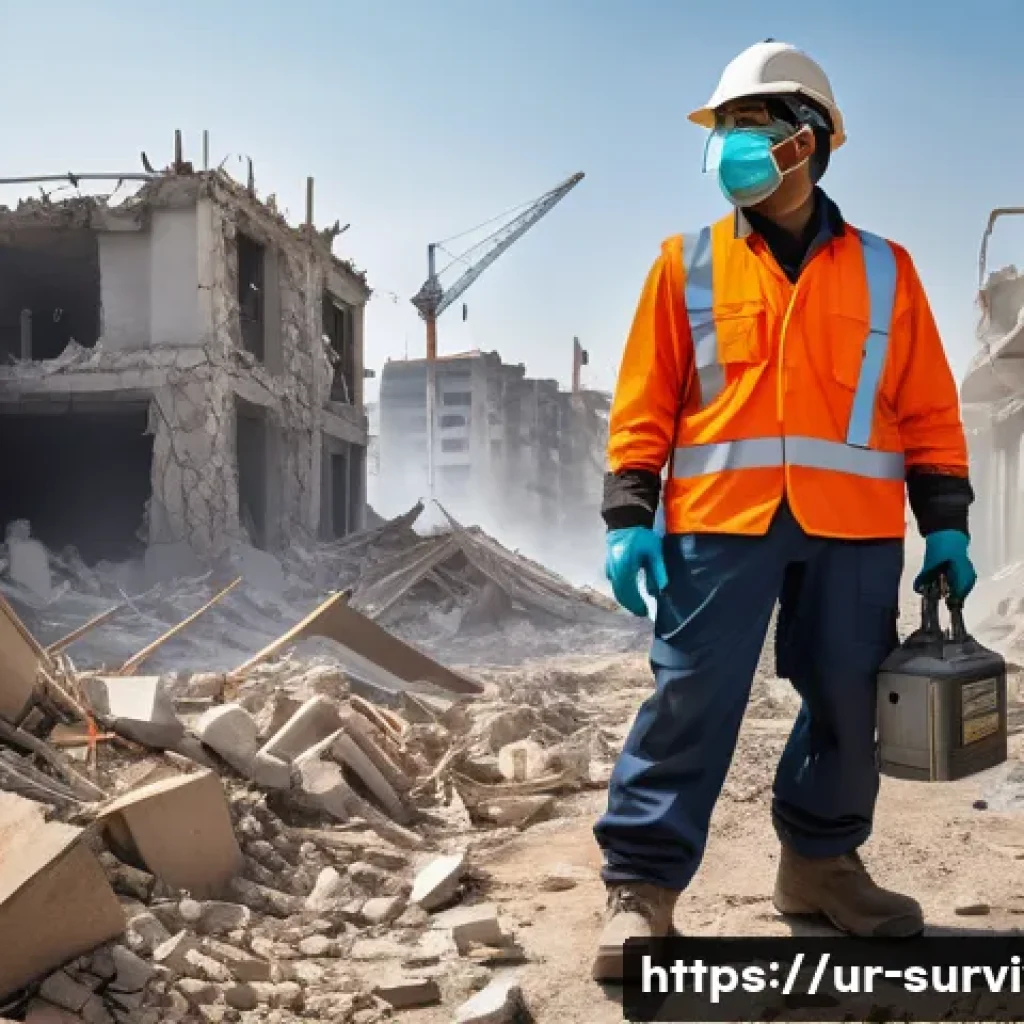 철거 현장 생존법 - A detailed scene of a demolition worker wearing full protective gear including a sturdy helmet, clea...