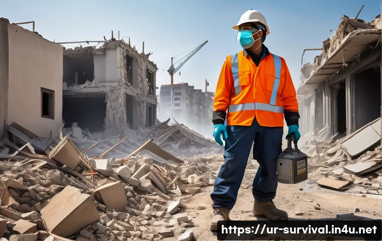 철거 현장 생존법 - A detailed scene of a demolition worker wearing full protective gear including a sturdy helmet, clea...