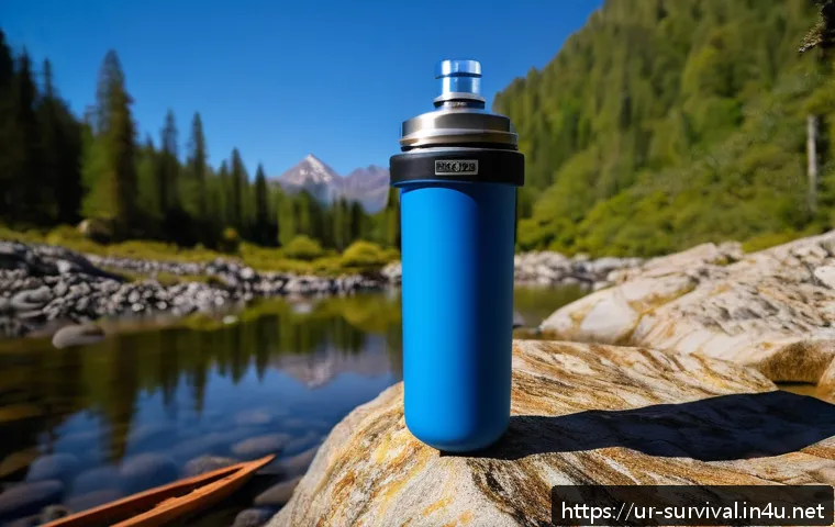 생존용 휴대용 정수기 추천 - A detailed close-up of a portable water filter designed for adventure use, featuring a lightweight c...