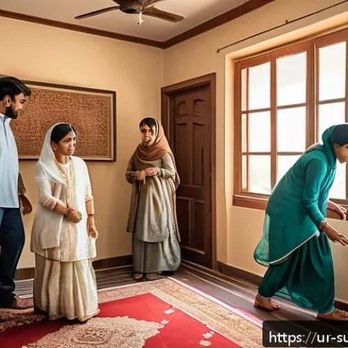 긴급 대피 절차 - A detailed, culturally authentic Urdu family scene practicing an emergency evacuation drill inside a...