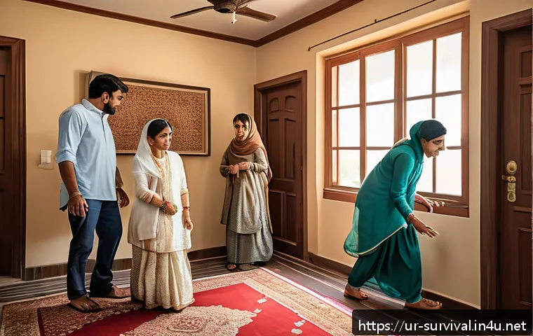 긴급 대피 절차 - A detailed, culturally authentic Urdu family scene practicing an emergency evacuation drill inside a...
