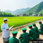 북한의 재난 대비 전략 - A detailed scene of a North Korean rural community training session focused on natural disaster prep...