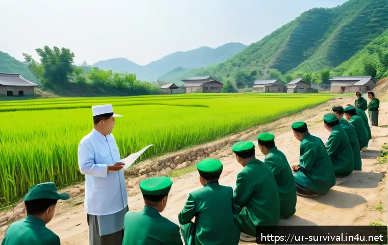북한의 재난 대비 전략 - A detailed scene of a North Korean rural community training session focused on natural disaster prep...