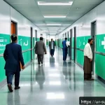 비상구 찾는 법 - A detailed scene inside a modern office building in Pakistan during an emergency drill, showing clea...