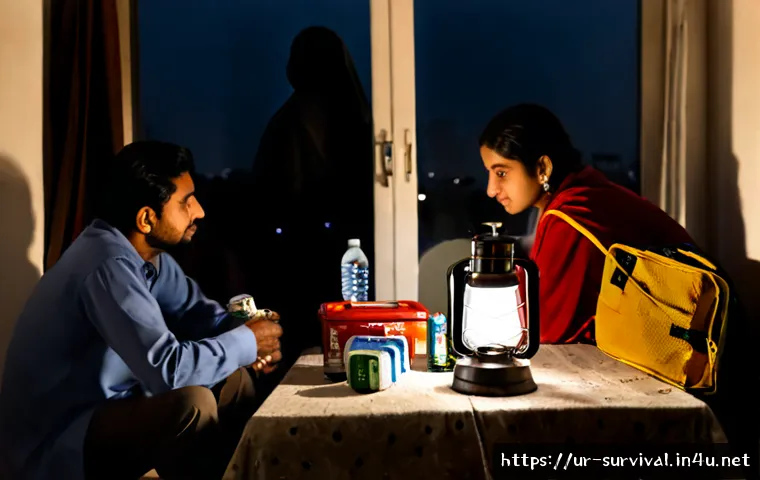 Home 17 전력망 파괴 대비 - Photorealistic Pakistani family preparing for a power grid disruption in a tidy Lahore apartment, fa...