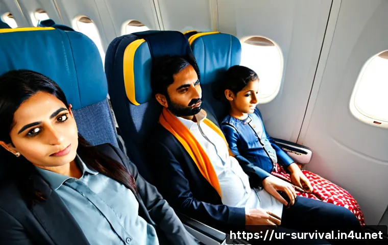 Home 17 항공기 추락 시 생존법 - Photorealistic airplane cabin emergency preparation, Pakistani Urdu-speaking family in modest everyd...