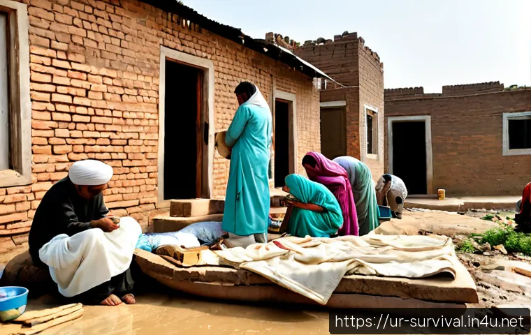 Home 17 재난 발생 후 생활 재건하기 - Photorealistic post-flood recovery scene in a modest Pakistani neighborhood, a multigenerational Urd...