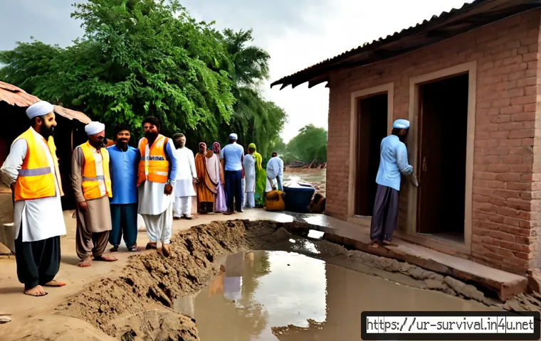 Home 17 재난 후 복구 작업 - Photorealistic disaster recovery scene in a Pakistani neighborhood after monsoon flooding, local wor...