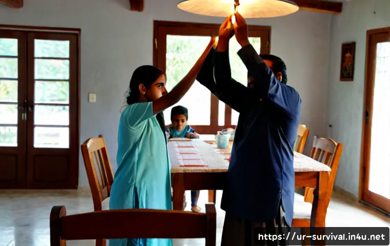 Home 17 지진 발생 시 행동요령 - Photorealistic Pakistani family in a modest, sunlit living room during an earthquake, parents and tw...
