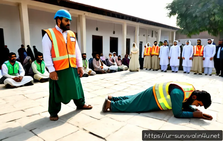 Home 17 재난 대응 훈련 - Photorealistic earthquake disaster response drill in a Pakistani community center courtyard, adult v...